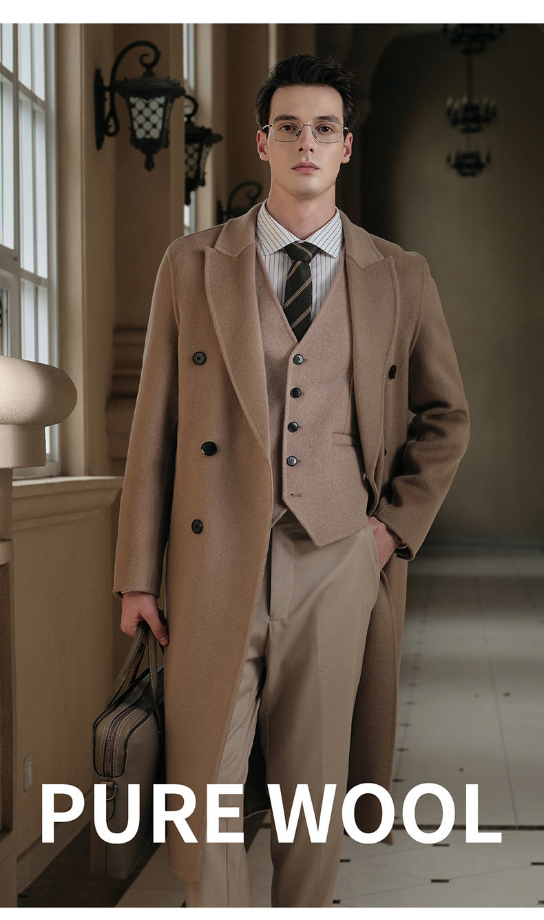 Gents Trench coat Premium Wool-Cotton Blend Peacoat Double-Breasted Mid-Length Overcoat Casual Oversized Lapel Coat