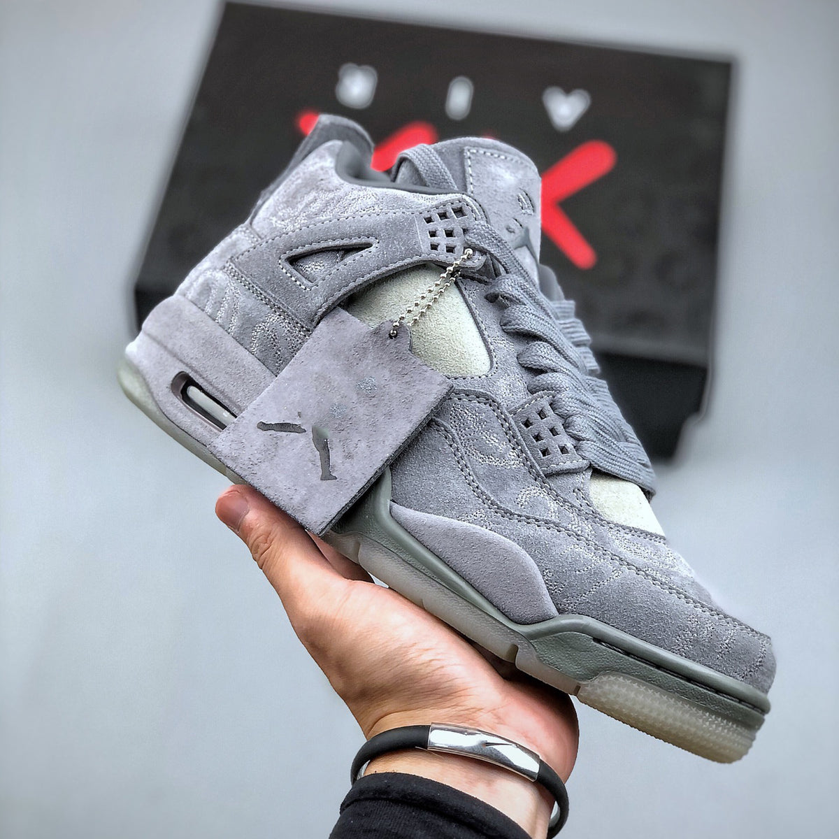 AJ4 Suede Grey High-Top Basketball Sneakers Unisex Cushioned Retro Trainers with Glow Sole & Toon Design