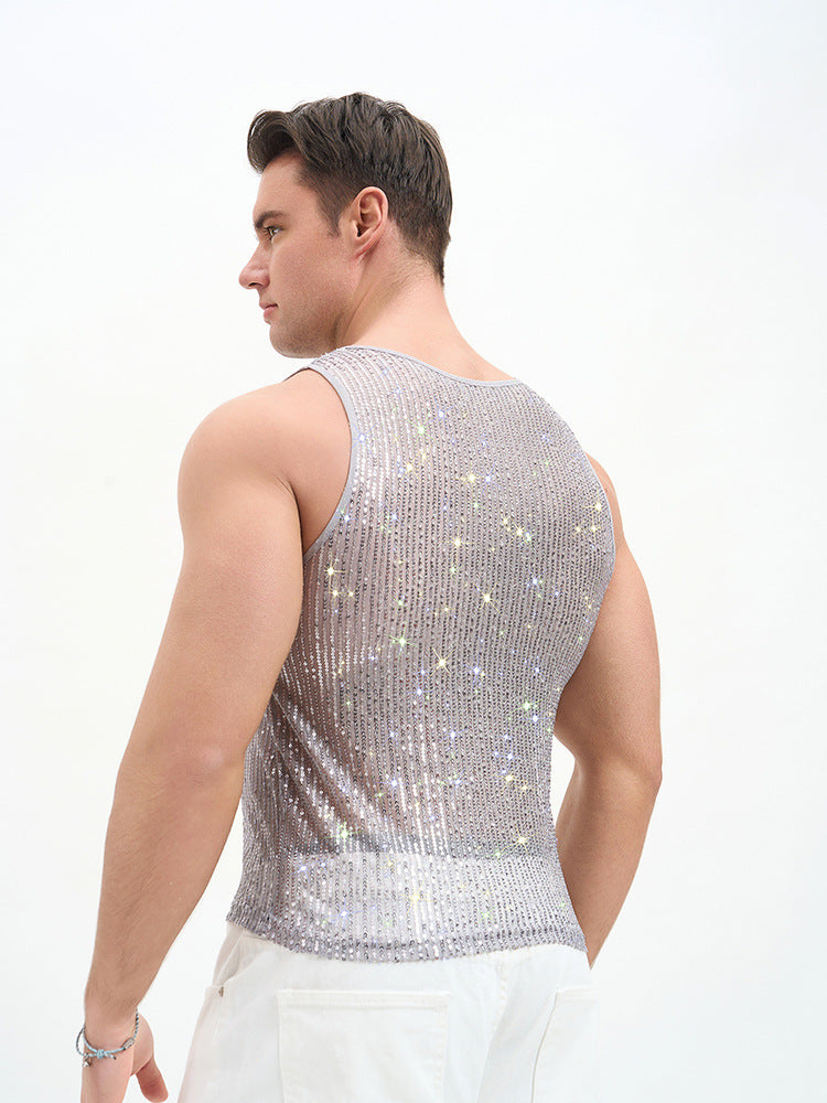 WINUU Men‘s Mesh Sequin Tank Top Rave Party Vest for Clubs & Music Festivals Shiny Glitter Muscle Tee Shirt