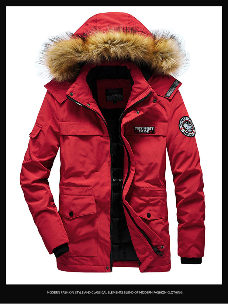 Men's Versatile Camouflage Fleece-Lined Military Jacket with Fur Hood & Multi Pockets