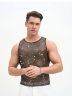 WINUU Men‘s Mesh Sequin Tank Top Rave Party Vest for Clubs & Music Festivals Shiny Glitter Muscle Tee Shirt