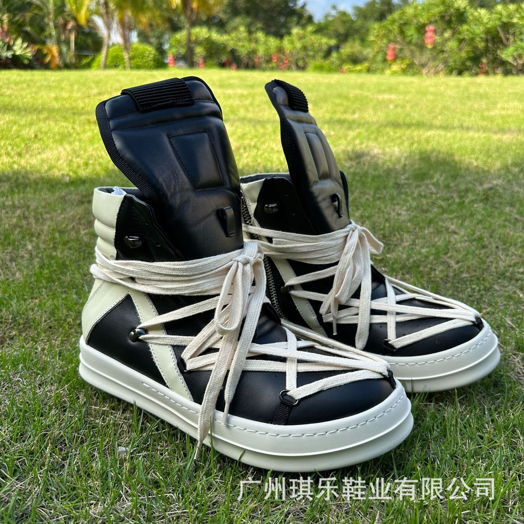 High-Top Genuine Leather Sneakers | Inverted Triangle & Pentagram Design | Unisex Thick-Sole Casual Board Shoes
