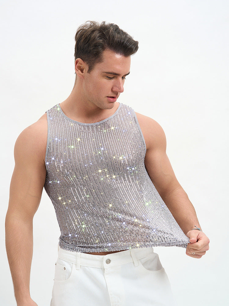 WINUU Men‘s Mesh Sequin Tank Top Rave Party Vest for Clubs & Music Festivals Shiny Glitter Muscle Tee Shirt