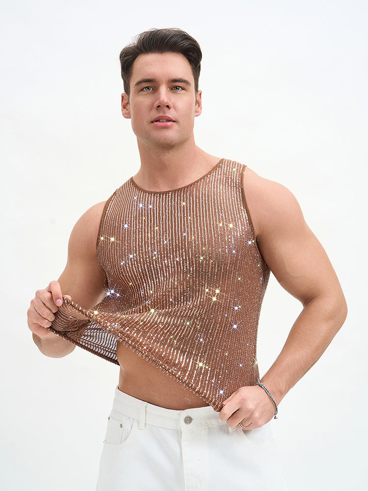 WINUU Men‘s Mesh Sequin Tank Top Rave Party Vest for Clubs & Music Festivals Shiny Glitter Muscle Tee Shirt