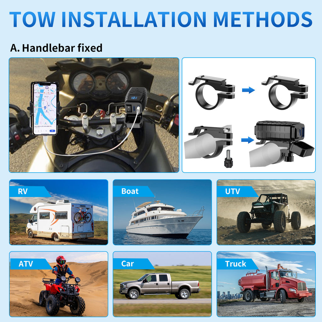 Motorcycle USB Charger with QC3.0 & PD3.0 Fast Charging | Digital Voltmeter & On/Off Switch for 12V-24V Vehicles | m12545