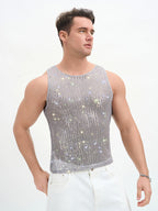 WINUU Men‘s Mesh Sequin Tank Top Rave Party Vest for Clubs & Music Festivals Shiny Glitter Muscle Tee Shirt