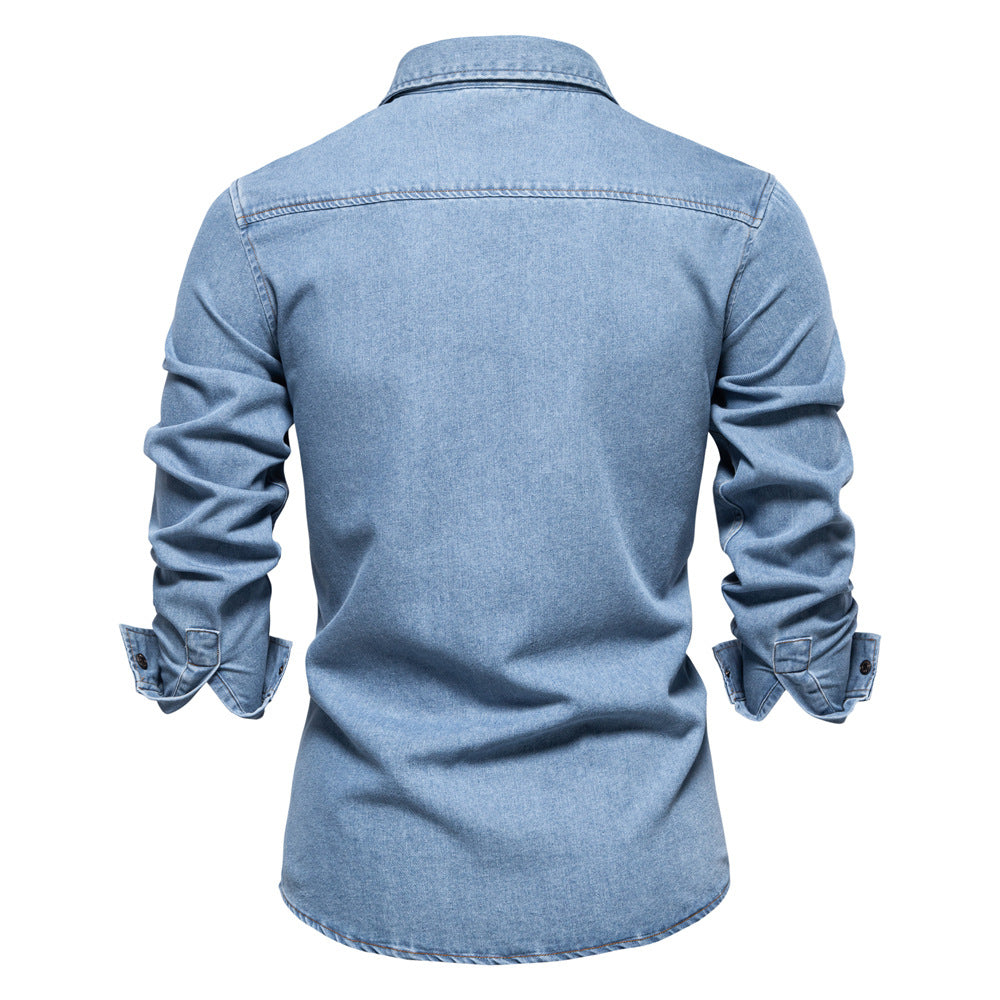 Men’s Washed Denim Shirt – Long Sleeve 100% Cotton Casual Button-Up Top | 6025