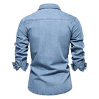 Men’s Washed Denim Shirt – Long Sleeve 100% Cotton Casual Button-Up Top | 6025