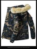 Men's Versatile Camouflage Fleece-Lined Military Jacket with Fur Hood & Multi Pockets