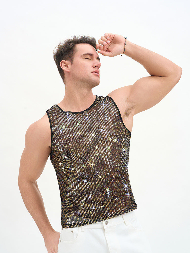 WINUU Men‘s Mesh Sequin Tank Top Rave Party Vest for Clubs & Music Festivals Shiny Glitter Muscle Tee Shirt