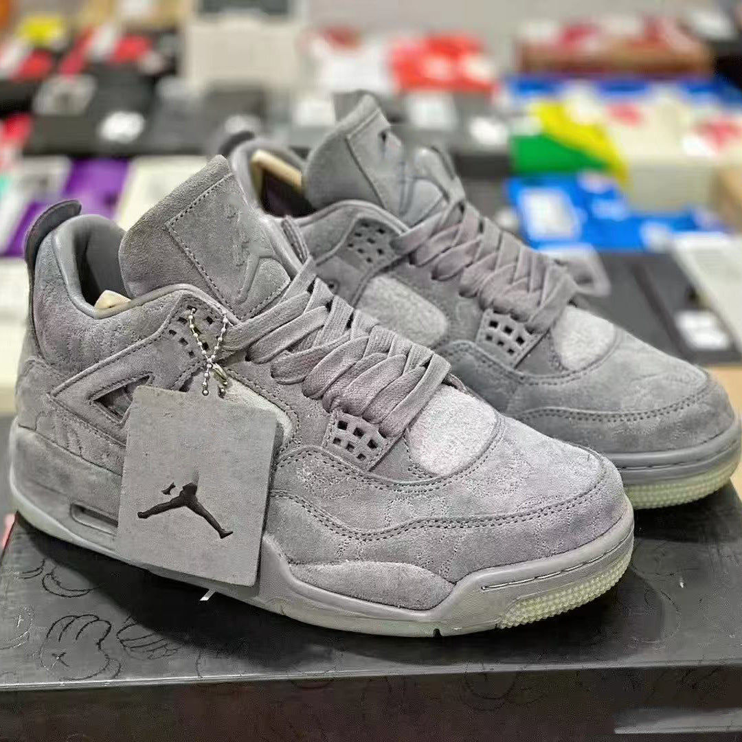 AJ4 Suede Grey High-Top Basketball Sneakers Unisex Cushioned Retro Trainers with Glow Sole & Toon Design