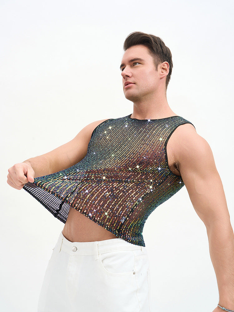 WINUU Men‘s Mesh Sequin Tank Top Rave Party Vest for Clubs & Music Festivals Shiny Glitter Muscle Tee Shirt
