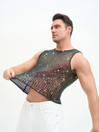 WINUU Men‘s Mesh Sequin Tank Top Rave Party Vest for Clubs & Music Festivals Shiny Glitter Muscle Tee Shirt