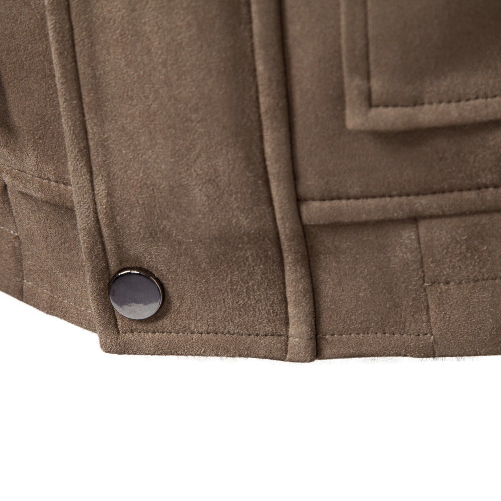 Men's Suede-Look Fleece Jacket | 2026 Winter Business Casual Zip-Up Coat | Khaki Stand Collar Outerwear | JK5022