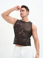 WINUU Men‘s Mesh Sequin Tank Top Rave Party Vest for Clubs & Music Festivals Shiny Glitter Muscle Tee Shirt