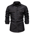 Men’s Washed Denim Shirt – Long Sleeve 100% Cotton Casual Button-Up Top | 6025