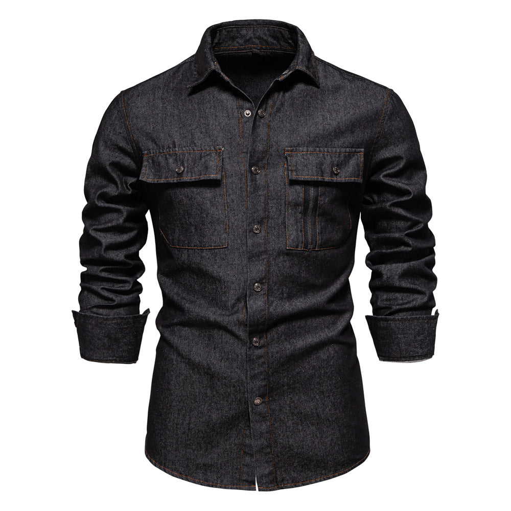 Men’s Washed Denim Shirt – Long Sleeve 100% Cotton Casual Button-Up Top | 6025