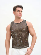 WINUU Men‘s Mesh Sequin Tank Top Rave Party Vest for Clubs & Music Festivals Shiny Glitter Muscle Tee Shirt