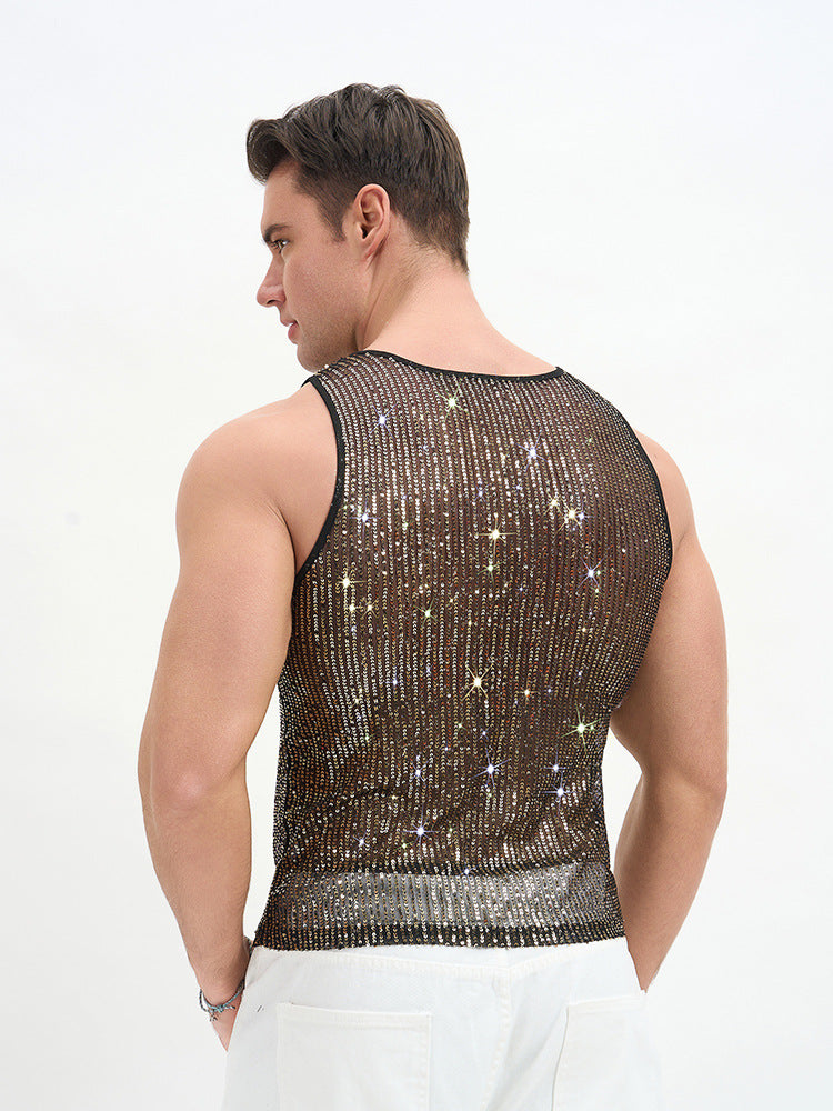 WINUU Men‘s Mesh Sequin Tank Top Rave Party Vest for Clubs & Music Festivals Shiny Glitter Muscle Tee Shirt