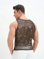 WINUU Men‘s Mesh Sequin Tank Top Rave Party Vest for Clubs & Music Festivals Shiny Glitter Muscle Tee Shirt