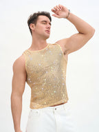 WINUU Men‘s Mesh Sequin Tank Top Rave Party Vest for Clubs & Music Festivals Shiny Glitter Muscle Tee Shirt