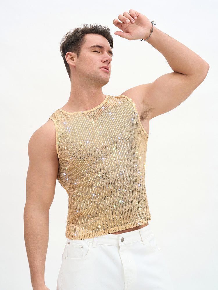 WINUU Men‘s Mesh Sequin Tank Top Rave Party Vest for Clubs & Music Festivals Shiny Glitter Muscle Tee Shirt