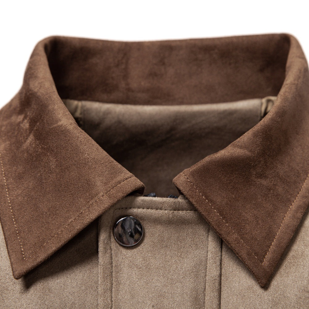 Men's Suede-Look Fleece Jacket | 2026 Winter Business Casual Zip-Up Coat | Khaki Stand Collar Outerwear | JK5022