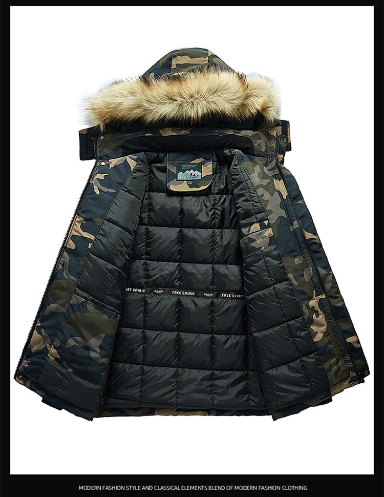 Men's Versatile Camouflage Fleece-Lined Military Jacket with Fur Hood & Multi Pockets