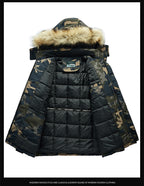 Men's Versatile Camouflage Fleece-Lined Military Jacket with Fur Hood & Multi Pockets