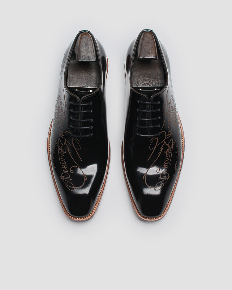 NIUPILI Men‘s Letter Carved Brogue Dress Shoes | Square Toe Patent Leather Business Footwear | Formal Party Oxfords | N68-1