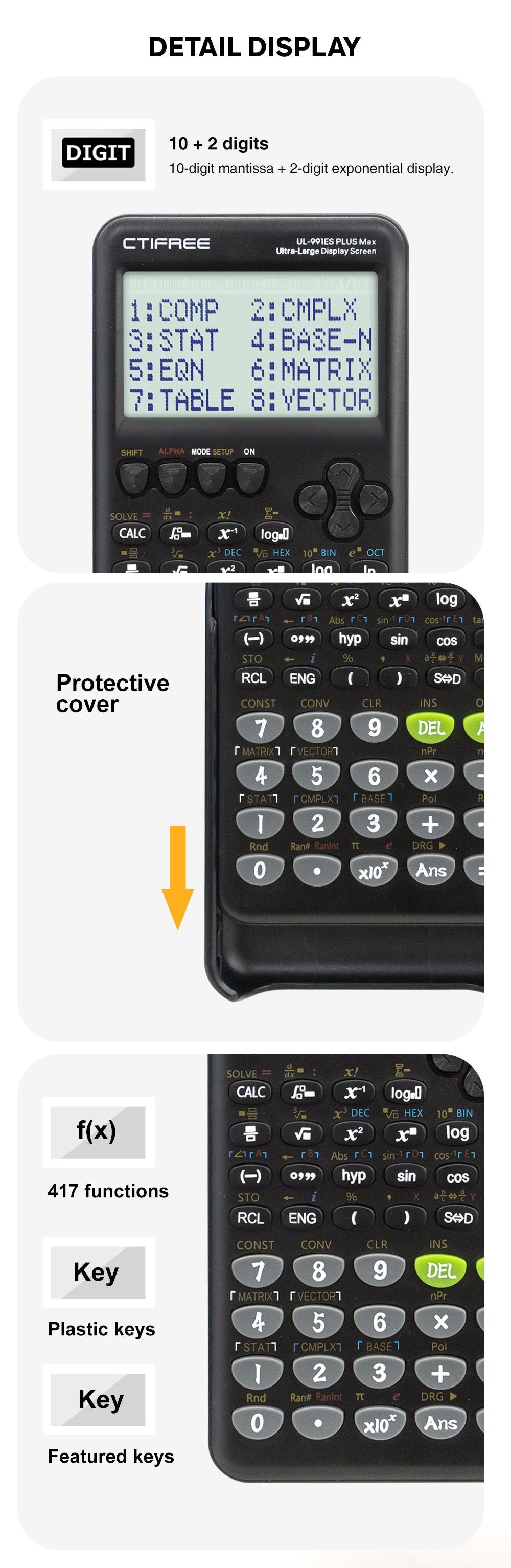 CTIFREE 991ES Plus 2nd Edition Scientific Calculator | 417 Functions for High School & University Exams | Dual Power Display