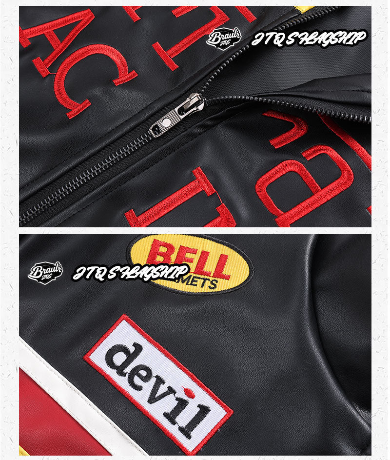 F1 Heavy Embroidery PU Leather Jacket | Unisex Fleece-Lined Racing Coat | Waterproof Windproof Streetwear | 9898