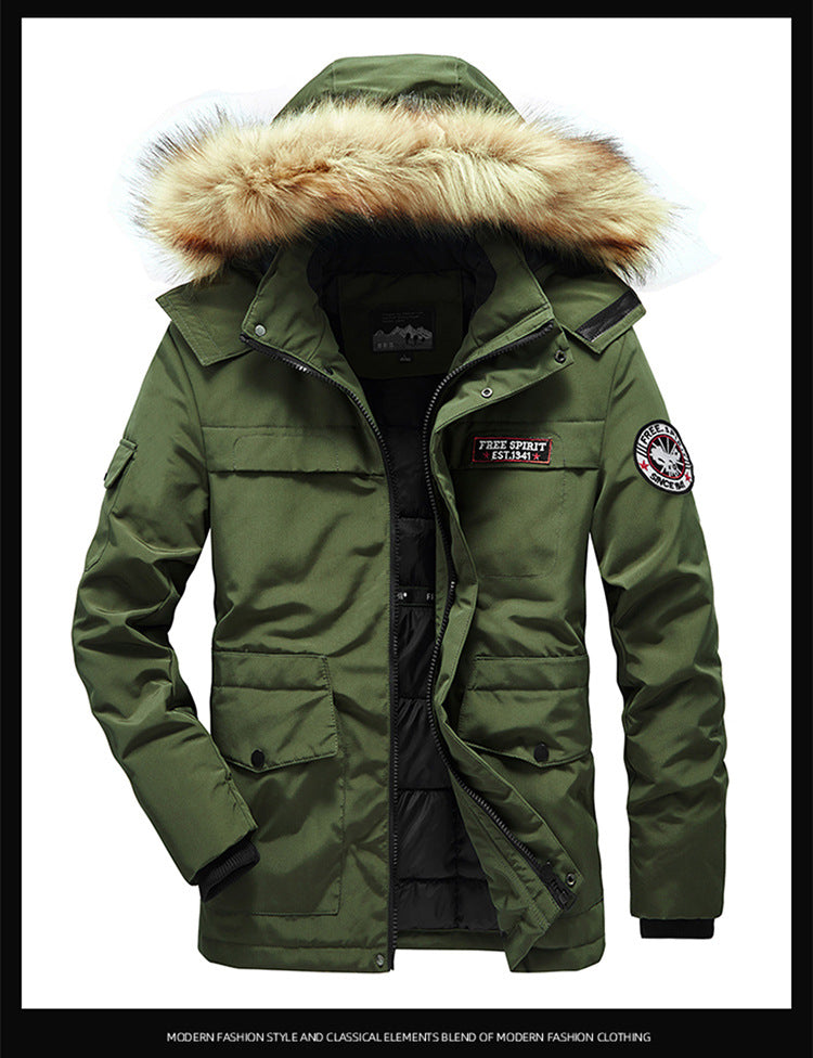 Men's Versatile Camouflage Fleece-Lined Military Jacket with Fur Hood & Multi Pockets