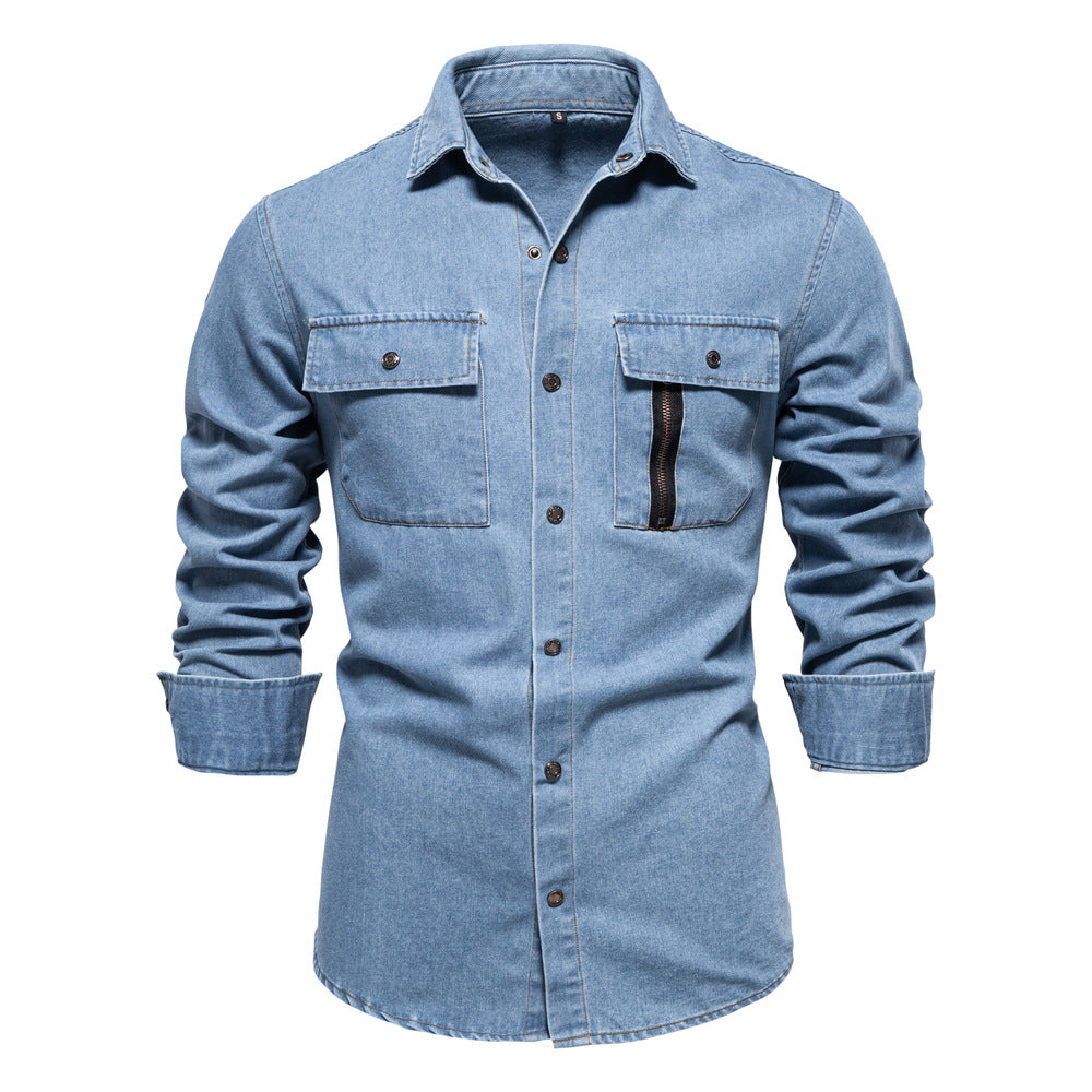 Men’s Washed Denim Shirt – Long Sleeve 100% Cotton Casual Button-Up Top | 6025