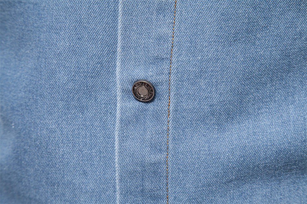 Men’s Washed Denim Shirt – Long Sleeve 100% Cotton Casual Button-Up Top | 6025