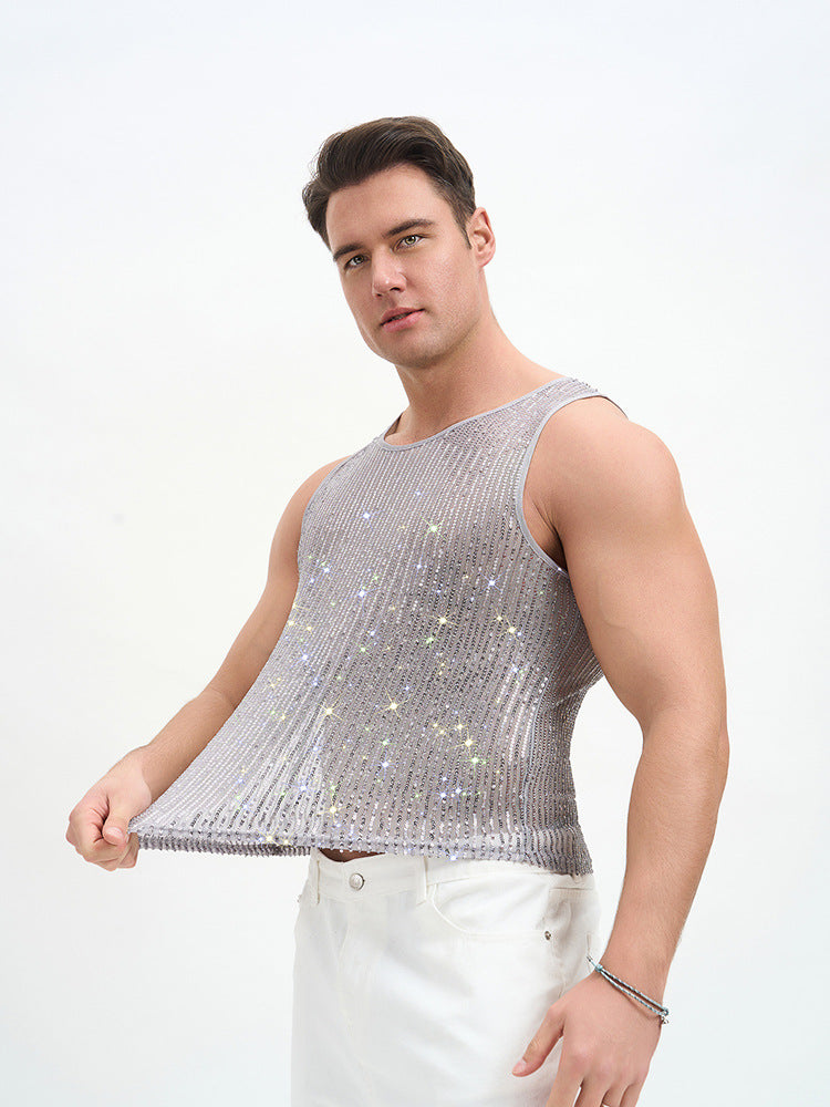 WINUU Men‘s Mesh Sequin Tank Top Rave Party Vest for Clubs & Music Festivals Shiny Glitter Muscle Tee Shirt