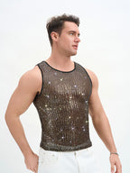 WINUU Men‘s Mesh Sequin Tank Top Rave Party Vest for Clubs & Music Festivals Shiny Glitter Muscle Tee Shirt