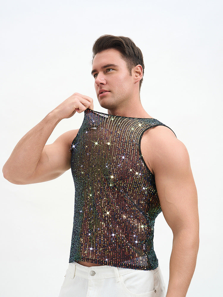 WINUU Men‘s Mesh Sequin Tank Top Rave Party Vest for Clubs & Music Festivals Shiny Glitter Muscle Tee Shirt