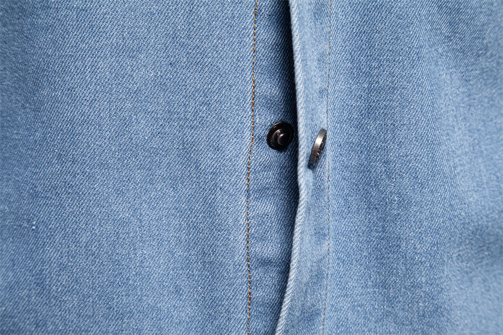Men’s Washed Denim Shirt – Long Sleeve 100% Cotton Casual Button-Up Top | 6025