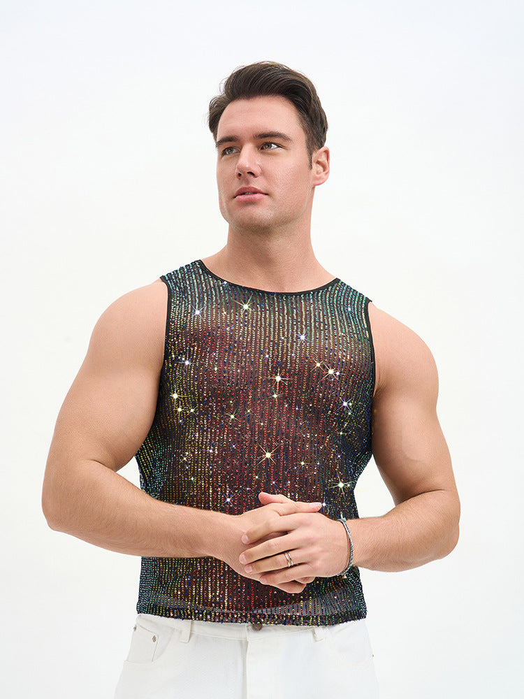 WINUU Men‘s Mesh Sequin Tank Top Rave Party Vest for Clubs & Music Festivals Shiny Glitter Muscle Tee Shirt