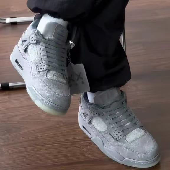 AJ4 Suede Grey High-Top Basketball Sneakers Unisex Cushioned Retro Trainers with Glow Sole & Toon Design