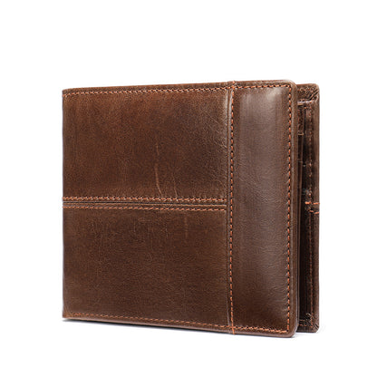 RFID Anti-Theft Leather Wallet Short Cowhide Bifold Design with Multi-Card Slots & Coin Pocket for Men | 8064