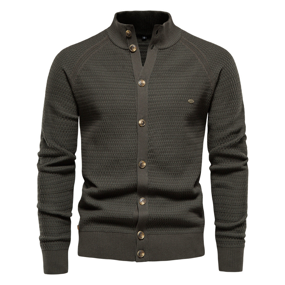 Men’s Winter Full-Zip Cardigan Sweater – High-Stretch Cotton Stand Collar Knit Top | Y324