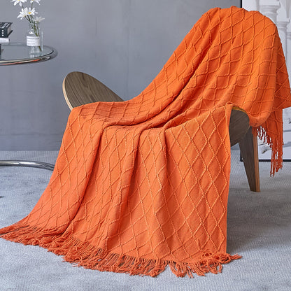 Cozy Knit Throw Blanket with Tassels Lightweight Breathable Acrylic for Sofa & Travel Comfort | YENLN06