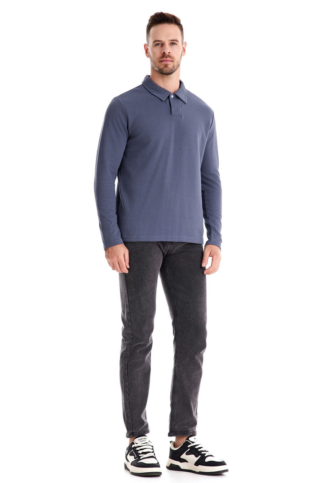 Men's Washed Polo Shirt – Long Sleeve Cotton Blend Top | Smart-Casual Autumn Essential | PL255