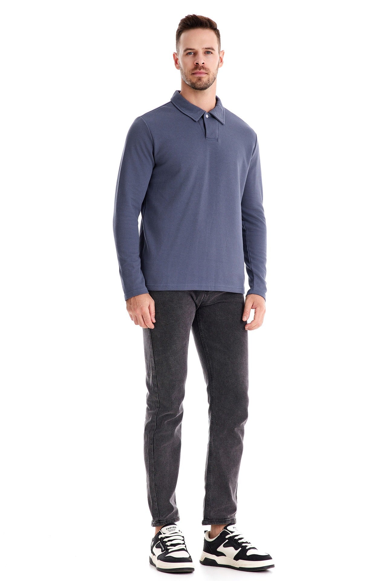 Men's Washed Polo Shirt – Long Sleeve Cotton Blend Top | Smart-Casual Autumn Essential | PL255