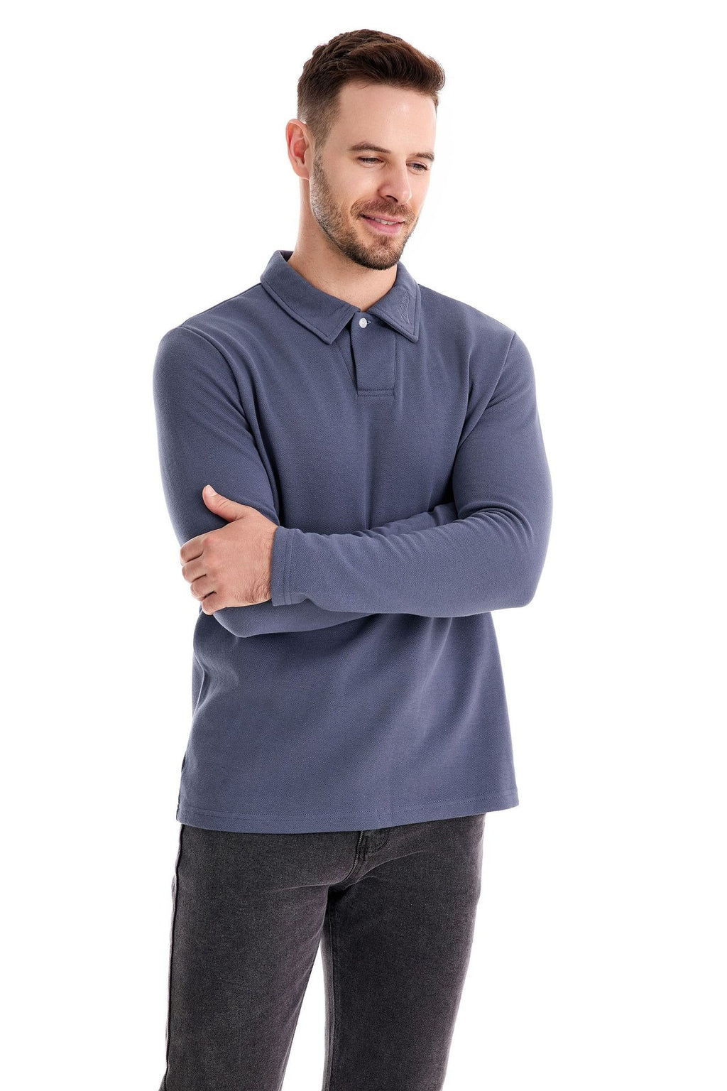 Men's Washed Polo Shirt – Long Sleeve Cotton Blend Top | Smart-Casual Autumn Essential | PL255
