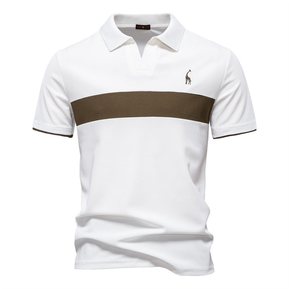Men's Embroidered Deer Contrast V-Neck Polo Shirt - 2025 Summer Slim-Fit Casual Top | PL7002