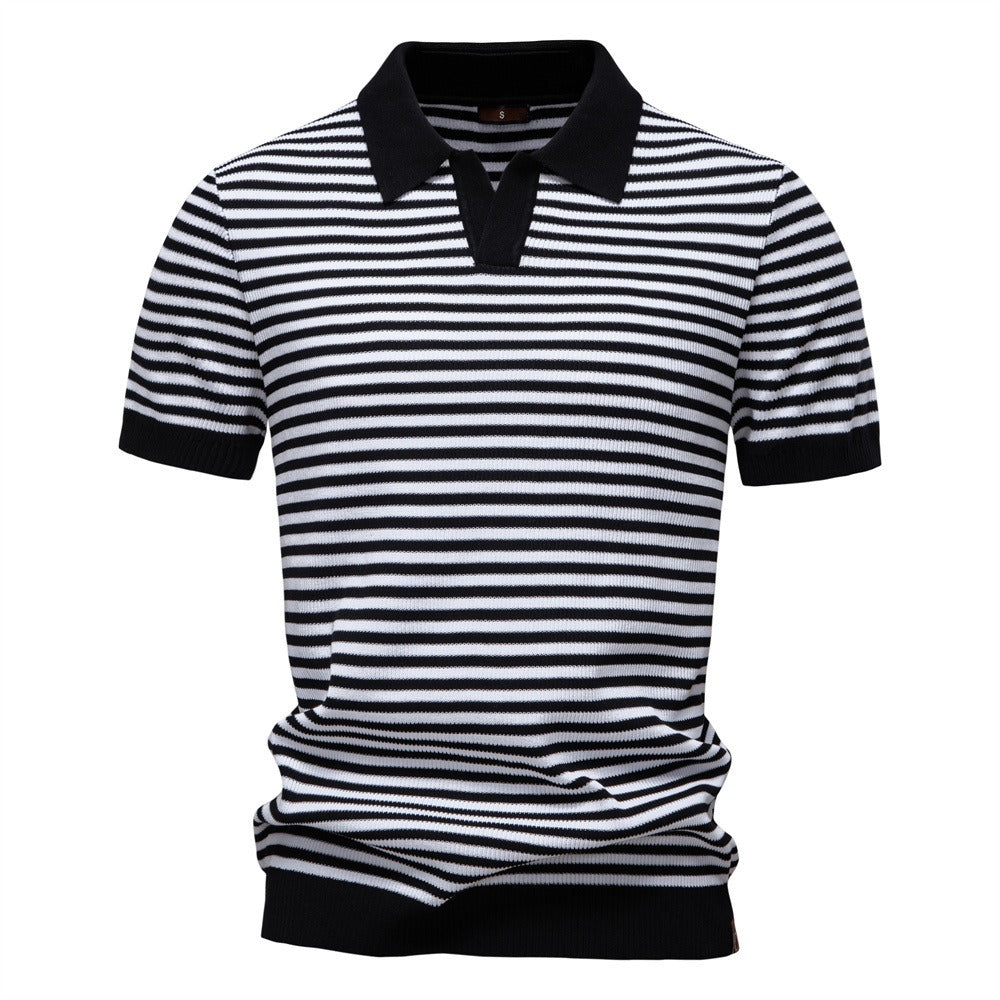 Men's Stripe Knit Polo Shirt with Seagull Collar - 2025 Summer Slim-Fit Business Casual Top | PSD8054