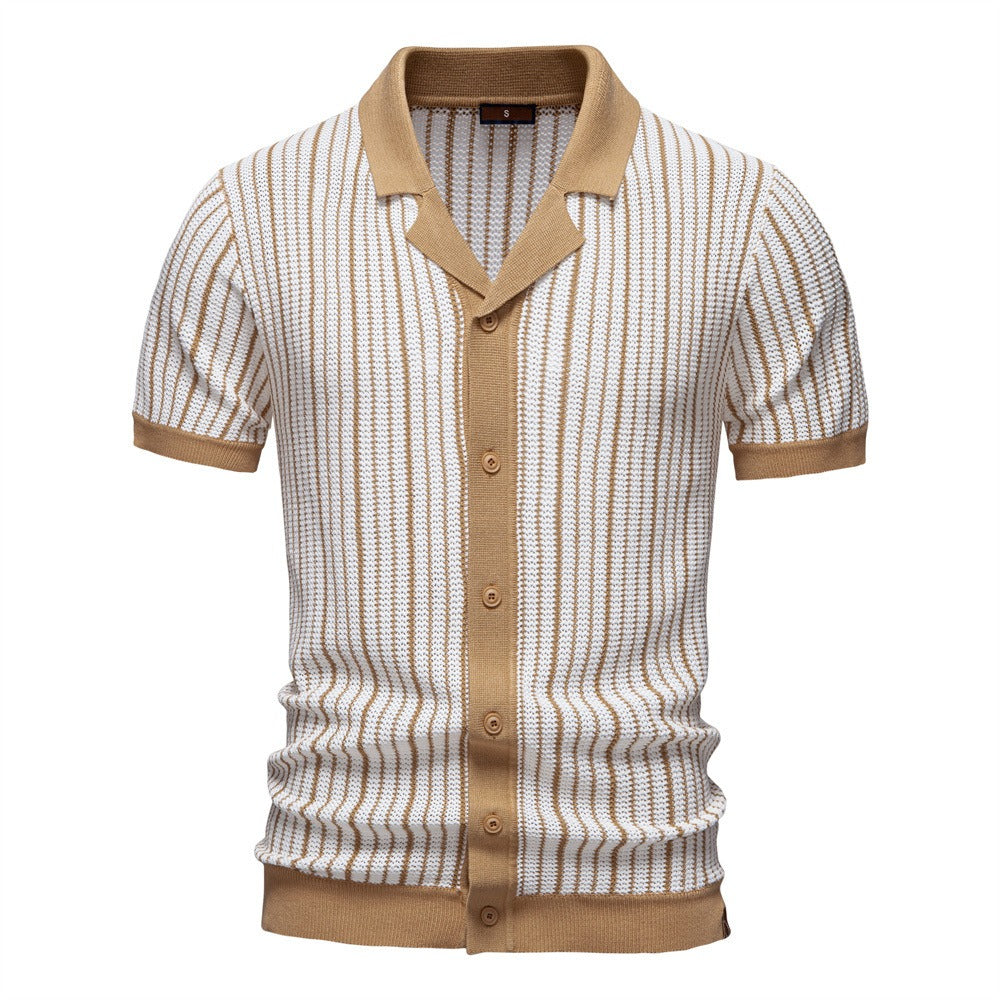 Men's Stripe Knit Polo Shirt with Laser-Cut Detailing - 2025 Summer Slim-Fit Urban Top | PSD8058